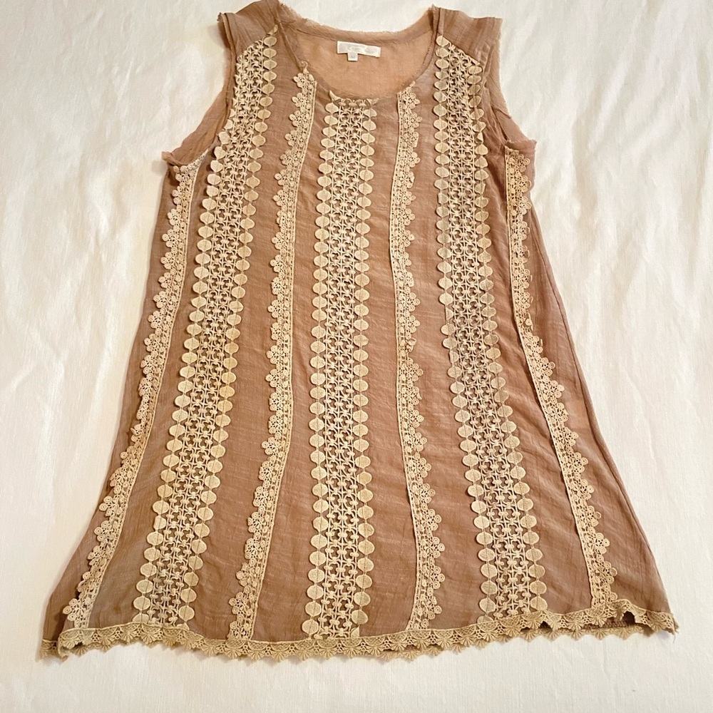Sleeveless Tan Lace Trim Top